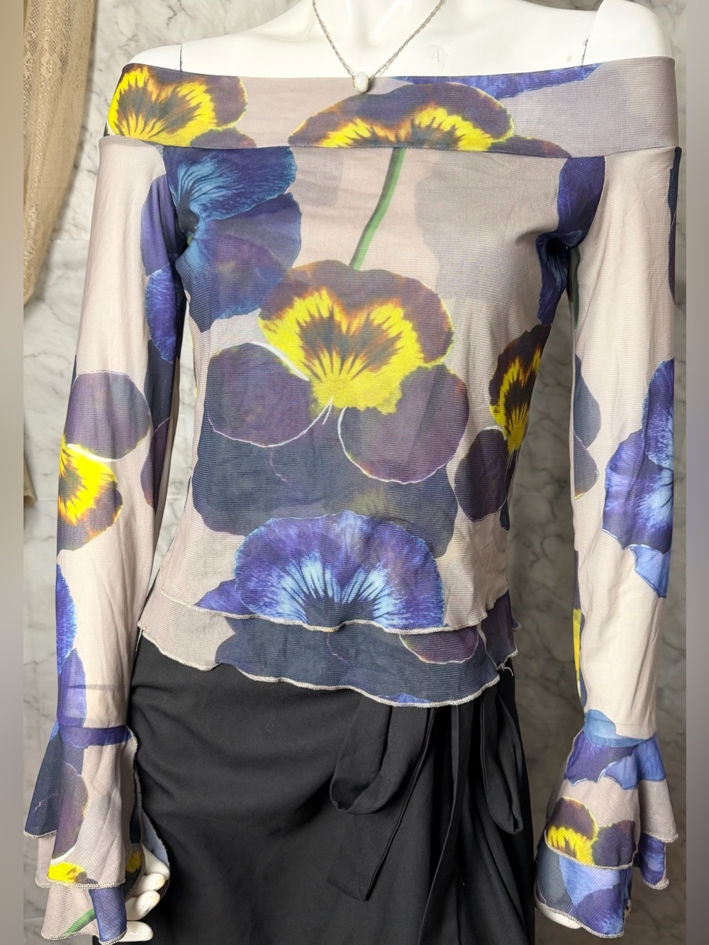Y2K Fairy Grunge Style Mesh Pansy Vivid Floral Taupe Stretchy Indie Sleeze L